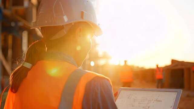 Construction Workers Collaborate on Project Plans at Sunrise Site