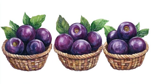 Design illustration featuring watercolor plums in baskets