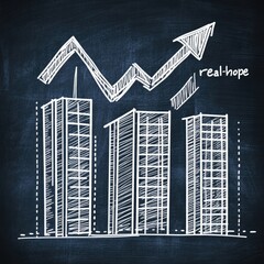 Building growth, sketched arrow, showing upward trend