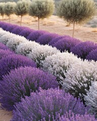 Lavender & white rows meet olive trees on a sunlit hillside