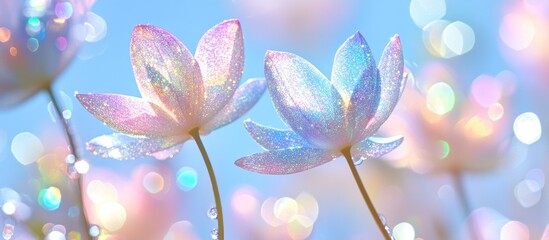 Shimmering lotus blooms against a bokeh-filled sky
