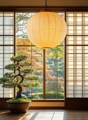 Japanese room bonsai, shoji, lantern, autumn garden view