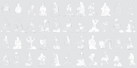 Collection of abstract white figures in meditation and yoga poses against a light gray background