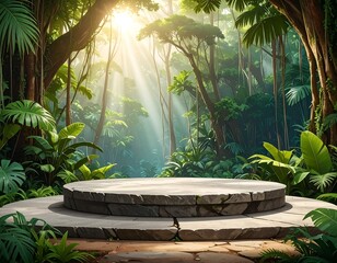 Tropical Jungle Scene with Stone Platform and Sunlight Beams Shining