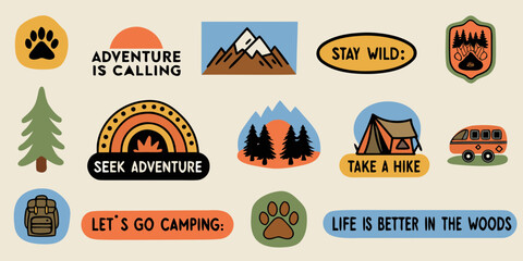 Collection of hand drawn outdoor adventure and camping themed icons and phrases for travel and exploration © Shuvra Majumder
