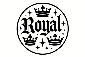 Gothic Royal Elegance. Royal, gothic medieval lettering, bold heavy strokes, surrounded by crowns and sparkles, circular frame composition, clean white