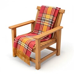 Cozy colorful plaid blanket draped over a rustic wooden chair.

