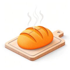 Steaming fresh baked bread loaf on wooden cutting board illustration.

