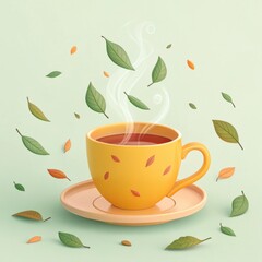 Cozy steaming cup of autumn tea with rustic leaves illustration.

