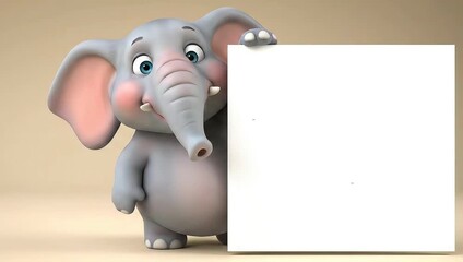 Cute cartoon elephant holding a blank white sign for your message.