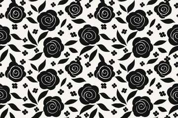 Elegant black rose floral seamless pattern with bold leaves and small blossoms on a white background, perfect for fabric, wallpaper, and modern decor.