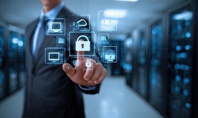 Person in a suit interacts with digital security icons in a server room