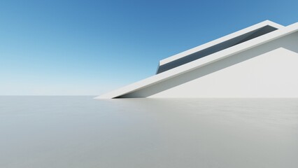 3d illustration of abstract modern architecture background, Minimal geometry architectural design, Car presentation backdrop with empty concrete floor, Geometric white blocks building design