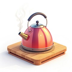 Steaming bright red modern kettle on wooden trivet, isolated kitchenware.

