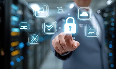 A person in a suit touching a digital padlock icon with technology related icons around