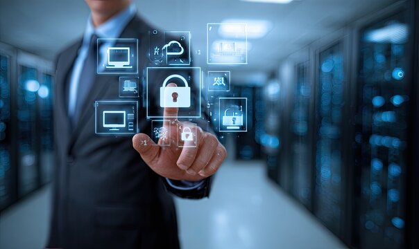 Person in a suit interacts with digital security icons in a server room