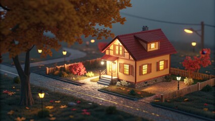 Cozy autumn house with warm glowing lights.

