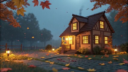 Cozy autumn house with warm glowing lights.

