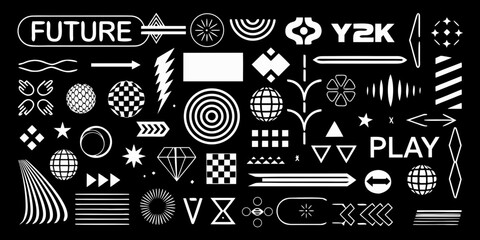 Retro futuristic y2k aesthetic geometric shapes and symbols collection on black background