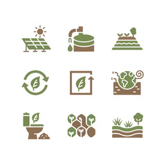This vector image features a 3x3 grid of eco-friendly icons, symbolizing sustainability, renewable energy, and environmental responsibility.