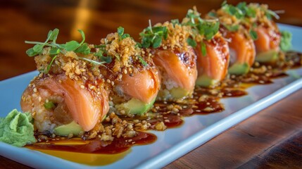 Sushi rolls topped with salmon and crunchy garnish on a white plate