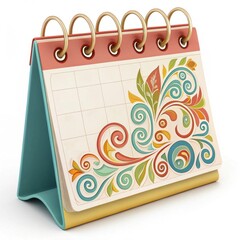 Stylish desktop calendar adorned with a colorful, vintage floral swirl design.

