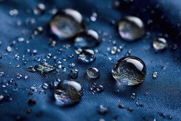 Close-up of multiple water droplets on a dark blue fabric surface, reflecting light