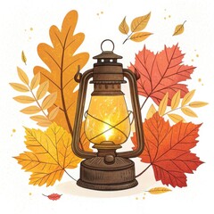 Glowing antique kerosene lamp surrounded by colorful autumn maple leaves.

