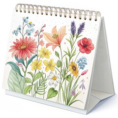Desktop calendar with beautiful watercolor wild flowers illustration on white background.

