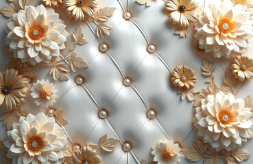 Obraz premium Elegant ivory tufted leather headboard with ornate gold floral embellishments and pearl accents. This luxurious textured surface offers a sophisticated and decorative background for design projects.