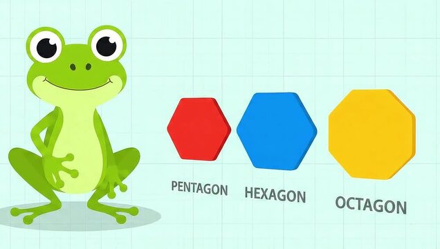 Cute cartoon frog teaches geometric shapes pentagon hexagon octagon.