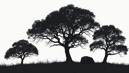 Silhouettes of Three Trees and a Rock on a Hill