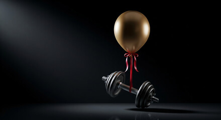Lightweight Achievement: Golden Balloon Lifting a Heavy Dumbbell on a Dramatic Dark Background

