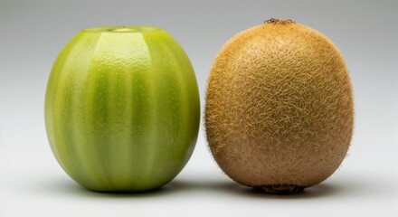 Peeled and Unpeeled Kiwi Fruit Side-by-Side Comparison on a Neutral Background

