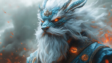 Noble dragon deity with glowing chest emblem and majestic beard 