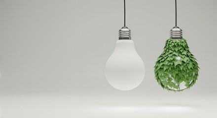 Clean Energy Concept: A Traditional Light Bulb Next to a Green, Leaf-Covered Eco-Friendly Bulb