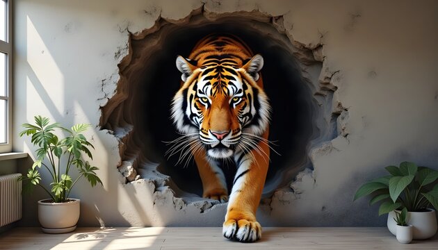 Hyper Realistic Tiger Appearing To Leap Out Of Painted Brick Wall