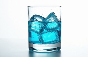Glass filled with blue liquid and ice cubes. Refreshing cold drink. Perfect for cocktail or beverage concept. Clear transparent beverage for summer party event. Blue color theme.