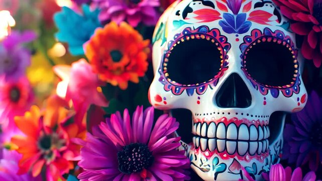 Colorful Skull Surrounded by Vibrant Flowers and Floral Decorations