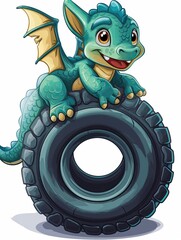 Baby dragon sitting on a car tire 2D illustration.