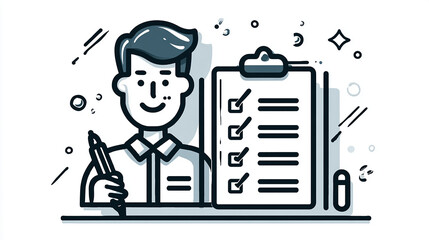 Vector icon of a driving school theme showing a driver exam checklist, line art style pictogram of an examiner marking a driver’s test pass