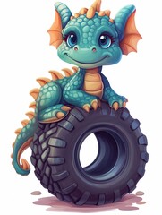 Baby dragon sitting on a car tire 2D illustration.
