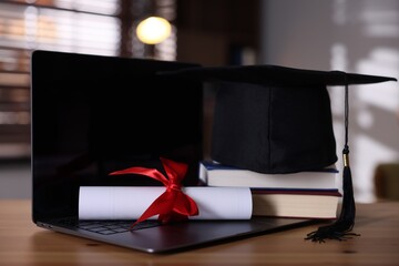 Graduation cap, laptop, books and diploma on wooden table, closeup