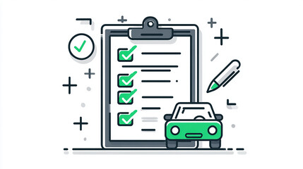 Vector icon of a driving school theme showing a driver exam checklist, line art style pictogram of an examiner marking a driver’s test pass
