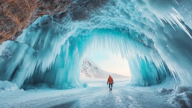Person walks through a stunning blue ice cave during winter.