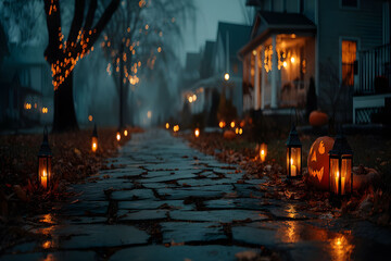 Obraz premium Halloween Night Street with Lanterns and Jack-o'-Lanterns for Holiday Decoration