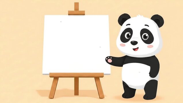 Cute Cartoon Panda Character Presenting on Blank Easel.