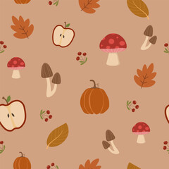 Autumn fall seamless pattern for background, greeting card, wrapping paper, textile print.
