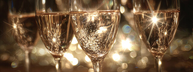 Sparkling champagne glasses filled with bubbly liquid, reflecting light in a festive atmosphere, creating an elegant and celebratory mood for special occasions and gatherings