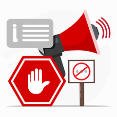 Warning symbols stop sign megaphone prohibition sign and stop sharing information.